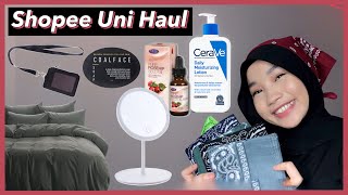 SHOPEE HAUL  University Edition  Bedsheet Mirror Lanyard Pyjamas Skirt Skincare [upl. by Yeca]