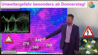 Unwettergefahr besonders ab Donnerstag durch Gewitter amp Starkregen Wettervorhersage 1423052024 [upl. by Aeriel225]