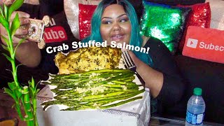 🦀 MUKBANG  CRAB STUFFED SALMON  Eating w Ashley [upl. by Avle]