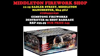 GEMSTONE FIREWORKS DESTROYER 80 SHOT BARRAGE  £45 AT MIDDLETON FIREWORK SHOP MANCHESTER [upl. by Etaner536]