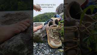 Waterproof shoes are bad for backpacking Wet feet can lead to blisters and trench foot [upl. by Hadnama]