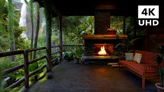 Cozy porch in the rainforest  Soothing sound of rain waterfall and crackling fire  8 Hours  4K [upl. by Lowe]