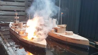 Cardboard Ship On Fire And Sinking Battleship Justice Versus Battleship Agamemnon [upl. by Enitnemelc640]