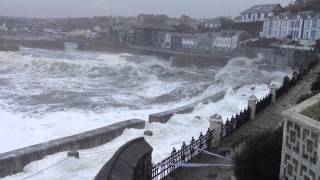 Porthleven Winter Storm Waves on the OneWay Road [upl. by Yartnod]