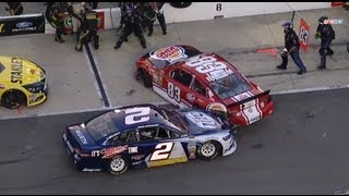 NASCAR Bristol  Keselowski and Reutimann Collide on Pit Road [upl. by Akimal]