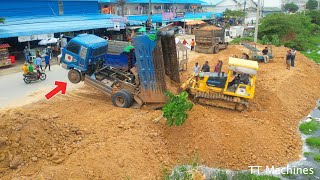 Be careful Dump Truck Fly Back Unloading amp Driver Skills Bulldozer D31PX Help  Bulldozer Push Soil [upl. by Baum]