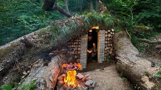 Building of a secret dugout under a fallen tree  Bushcraft Survival Camping  Outdoor Cooking [upl. by Anevad]