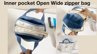 【内ポケット口布 】ファスナーバッグの作り方 大きく開く バッグ Open Wide Inner pocket zipper tote bag [upl. by Derrej152]