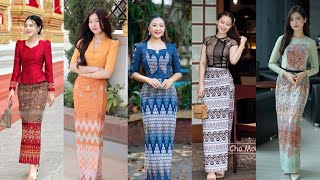 stylish traditional Myanmar dressesbeautiful Myanmar bodycon skirt blouse designs ideas [upl. by Anade]