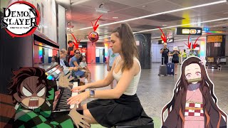 I played DEMON SLAYER OP Gurenge on piano in public [upl. by Alaehs]