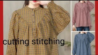 Korean style girls top cutting and stitching long sleeve check high low shirt loose casual top [upl. by Kaleena]