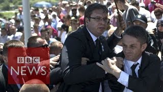 Srebrenica Serb PM Vucic flees ceremony  BBC News [upl. by Boles209]