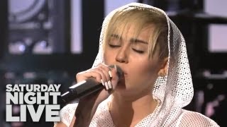 MILEY CYRUS SNL PERFORMANCES quotWRECKING BALLquot amp quotWE CANT STOPquot SHEER OUTFITS [upl. by Aitnahs]