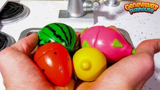 Learn Fruit and Vegetable Names for Kids with Toy Kitchen Cooking Party [upl. by Nefen669]