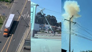 Truck pulls down wires poles at Cobb Corner in Canton [upl. by Atsylac805]