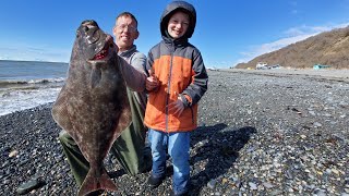 Surf Fishing amp Camping on a Beach  Halibut Catch amp Cook [upl. by Linc]