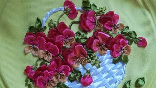 Flower in basket ribbon embroidery design amp tutorial Pansy Embroidery for beginner  Ribbon flowers [upl. by Lav]