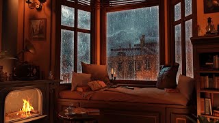 Cozy Reading Nook Ambience  Rain on Window amp Thunder Sounds  Warm Fireplace [upl. by Aicirtan]