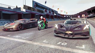 Kawasaki Ninja H2 SX vs Bugatti Bolide vs Koenigsegg Jesko at Old Spa [upl. by Zwick]