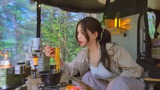 camping girl in rain girl camping alone survival girl cooking car camping girl forest [upl. by Tomi]