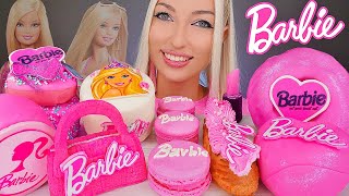 ASMR EATING BARBIE DESSERTS PINK FOOD CAKE MACARONS EDIBLE LIPSTICK BAG 컬러 DONUTS MUKBANG 먹방 [upl. by Alletse]