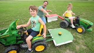 Using kids tractors to mow hay on the farm  Tractors for kids [upl. by Shaughn]