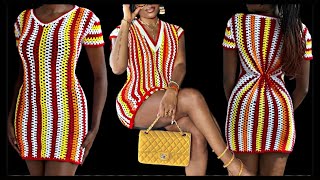 Vertical stripes crochet granny stitch multicolored vneck dress [upl. by Rizika194]