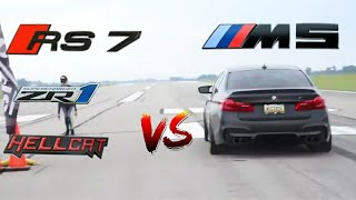 Bmw M5 F90 vs Audi Rs7 Zr1 Hellcat drag races [upl. by Darcee746]