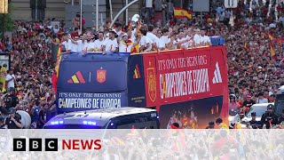 Fans celebrate Euro 2024 win after Spains royal welcome home to Madrid  BBC News [upl. by Anaujal]