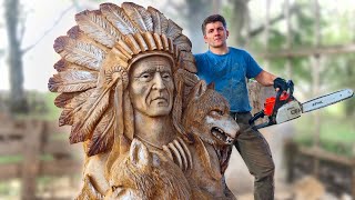 AMAZING CHAINSAW wood carving Native American with wolves [upl. by Nnayr]