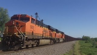 BNSF 5805 amp 9228 Lead Ore Train Opheim IL [upl. by Annaitat]