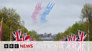 King Charles and the Royal Family watch the Red Arrows fly over Buckingham Palace  BBC News [upl. by Audres]