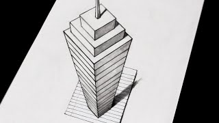 How to Draw 3D Skyscraper Easy Anamorphic Building Step by Step [upl. by Negam]