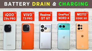 5G BATTERY Drain amp Charging🔋VIVO T3 Pro vs Realme GT 6T vs iQOO Z9s Pro vs OnePlus Nord 4 vs Moto [upl. by Candy482]