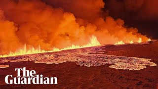 Aerial footage shows Iceland volcano spewing lava [upl. by Center]