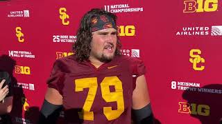 USC C Jonah Monheim speaks to the media before LSU game [upl. by Atinus]