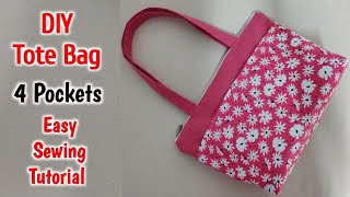 DIY Tote Bag  Handbag cutting and stitching  Tote bag tutorial with 4 Pockets  Clothes bag making [upl. by Acinoryt]