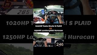 Tesla Plaid vs Lamborghini Huracan  Acceleration from 100 kmh to Top Speed shorts [upl. by Gaves]