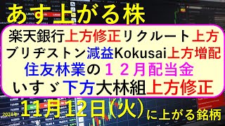 あす上がる株 2024年１１月１２日（火）に上がる銘柄。楽天銀行、リクルート、ブリヂストン、いすゞ、大林組の決算と株価推移。住友林業の配当～最新の日本株情報。高配当株の株価やデイトレ情報～ [upl. by Giffie924]