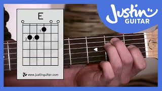 E Chord  Easy Third Guitar Chord  Beginner Guitar Lessons Stage 1  JustinGuitar BC113 [upl. by Wolfie519]