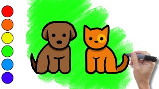 Desenhar e Colorir Cachorrinho e Gatinho 🐶😺  Super Fácil [upl. by Motteo]