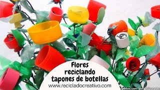 Cómo hacer flores con tapones de botellas de plástico  How to make flowers out of plastic caps [upl. by Bernelle]