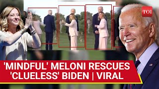 Meloni Rescues Biden As He Wanders Off At G7 Photo Op US Pres Stroll amp Salute Trolled [upl. by Furie]