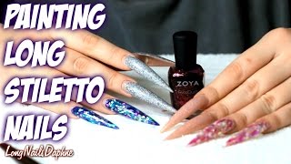 PAINTING LONG NAILS WITH ZOYA PIXIE DUST NOIR NAIL POLISH  LONGNAILSDAPHNE [upl. by Anidam95]