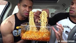 EXTREME SPICY CHEESE RAMEN NOODLE CHALLENGE  MUKBANG hodgetwins [upl. by Skiba320]