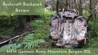 Bushcraft Backpack Review  MFH German Army Mountain Bergen 80L in flecktarn camo pattern [upl. by Lishe]