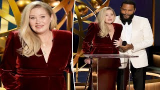 Christina Applegate makes surprise appearance at 2024 Emmys in plunging red gown jokes body [upl. by Akinnor]