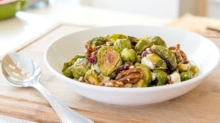 WARM BRUSSEL SPROUT SALAD WITH GOAT CHEESE AND CANDIED PECANS [upl. by Ierbua103]