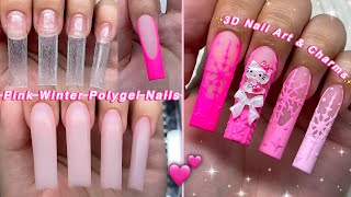 PINK WINTER POLYGEL NAILS💕 EASY POLYGEL APPLICATION amp 3D NAIL ART CHARMS DESIGN  Nail Tutorial [upl. by Selry]