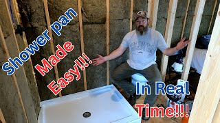 75 Installing shower pan in real time diy shower [upl. by Irtimd]